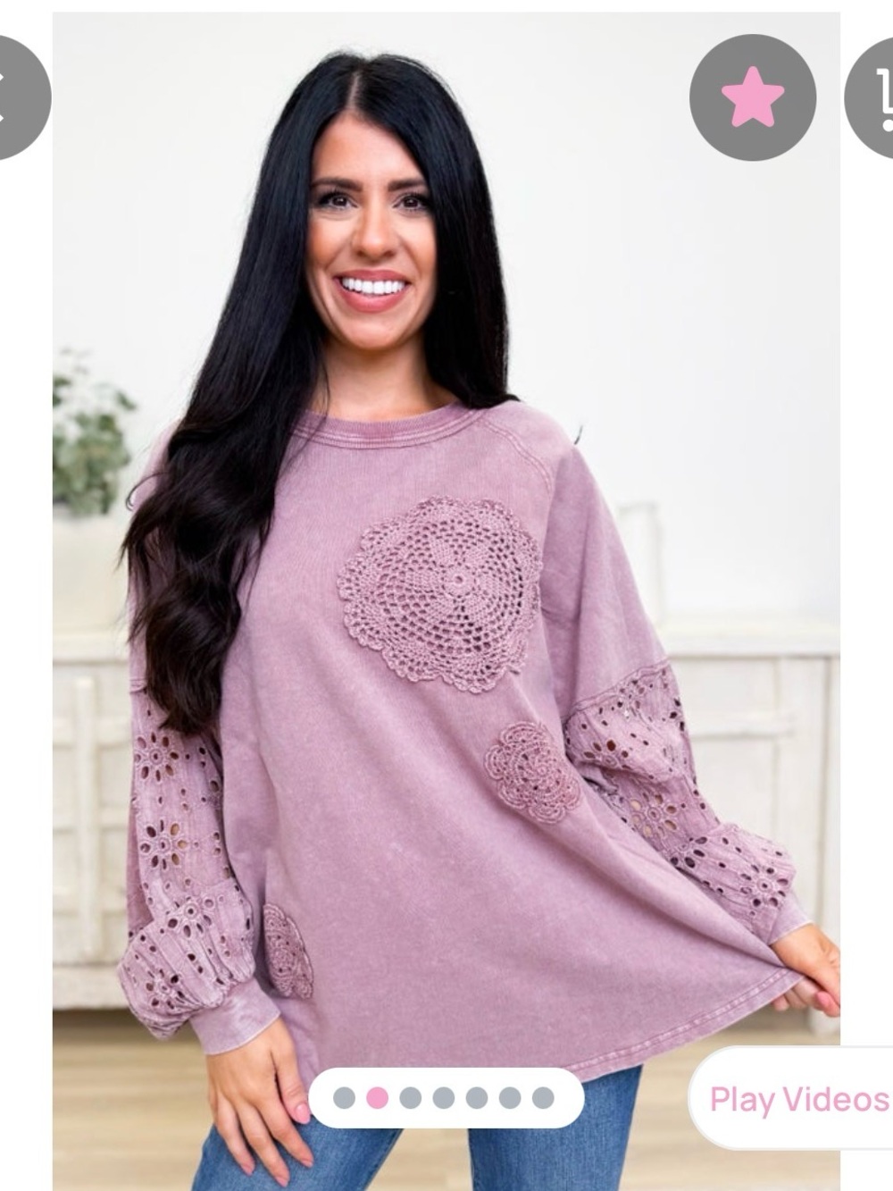 Easel Boho Crochet Appliqué Pullover Top - Mineral Washed Mauve Color